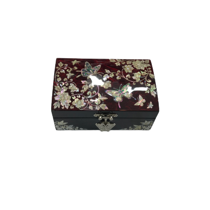 Korean Mother of Pearl Wood Oriental Butterfly Treasure Jewelry Box Red