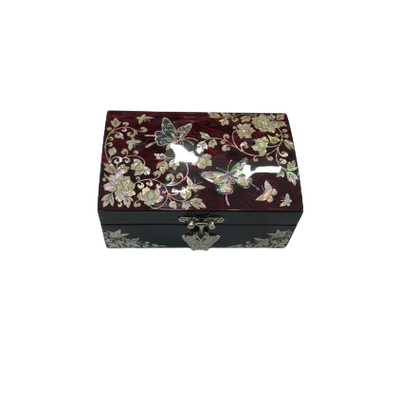 Korean Mother of Pearl Wood Oriental Butterfly Treasure Jewelry Box Red