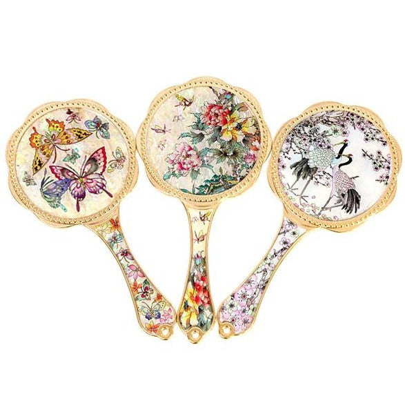 Korean Mother of Pearl Hands Mirror White Najeon Flower Gold Mirror