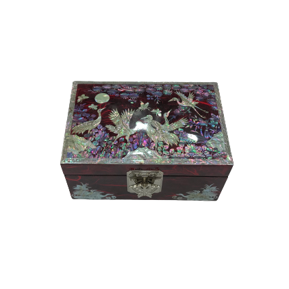 Korea Traditional Inlaid Mother of Pearl Handmade Oriental Birds Jewelry Box Red