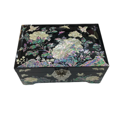 Korean Mother of Pearl Wood Oriental Flower Treasure Jewelry Box