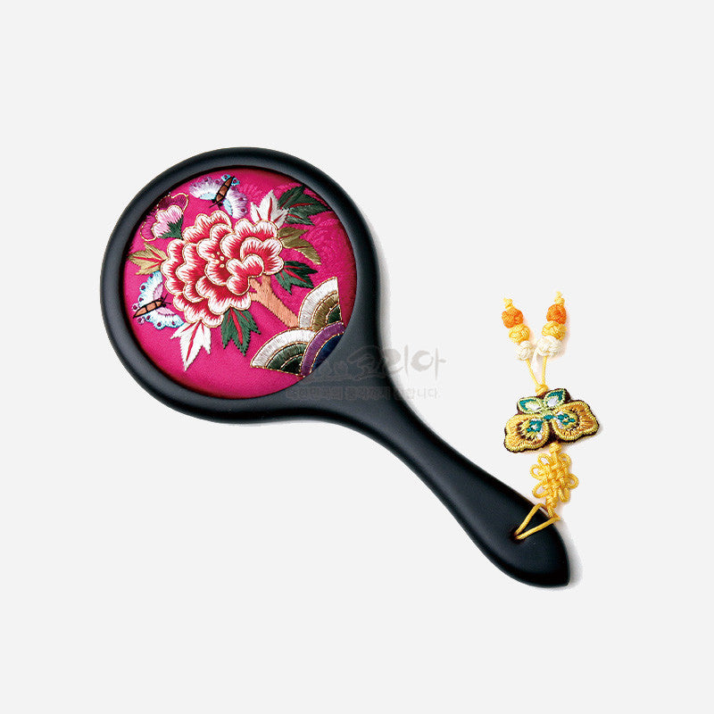 Korean Traditional Handmade Embroidery Pink Flower Hand Mirror