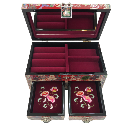 Korea Traditional Inlaid Mother of Pearl Handmade 2 Stage Chinoiserie Oriental Jewel Red