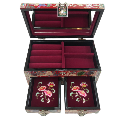 Korea Traditional Inlaid Mother of Pearl Handmade 2 Stage Chinoiserie Oriental Jewel Red