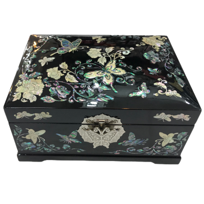 Korean Mother of Pearl Wood  2-stage Oriental Butterfly Black Treasure Jewelry Box
