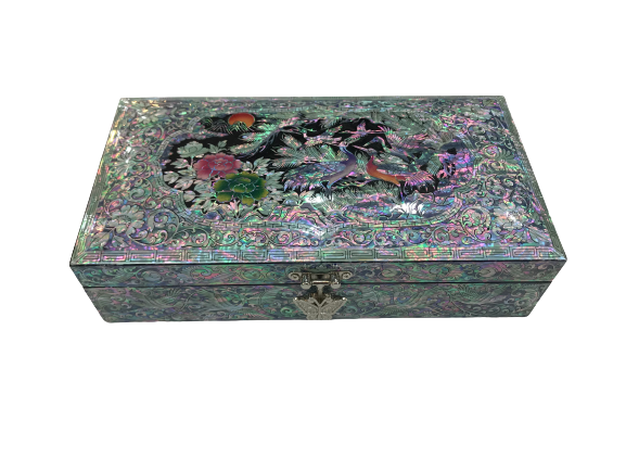 Korean Mother of Pearl Wood Hak Oriental Treasure Multi Mirror Jewelry Box