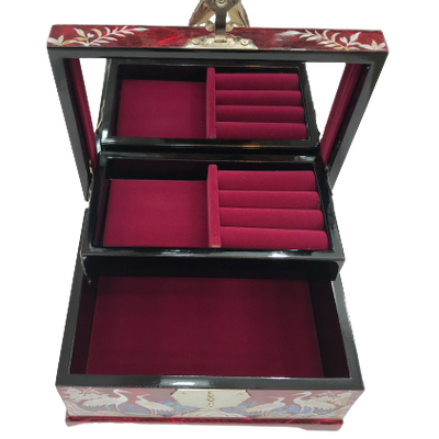Korean Mother of Pearl 2-stage Wood Red Lacquer Oriental Treasure Jewelry Ring Box