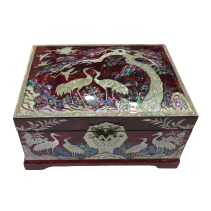 Korean Mother of Pearl 2-stage Wood Red Lacquer Oriental Treasure Jewelry Ring Box