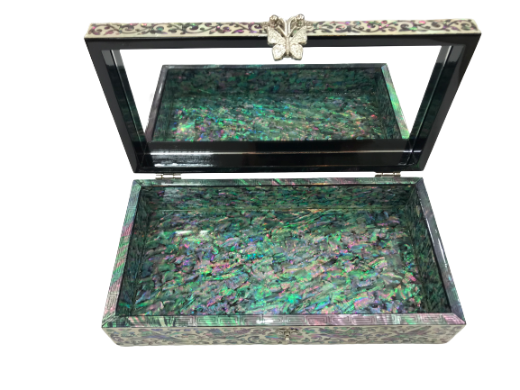 Korean Mother of Pearl Wood Hak Oriental Treasure Multi Mirror Jewelry Ring Box