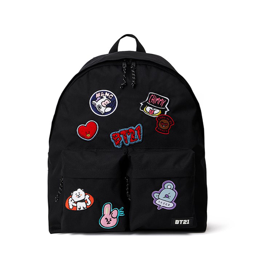 BT21 Characters Heart Wappen Two Pocket Unisex Black Backpack