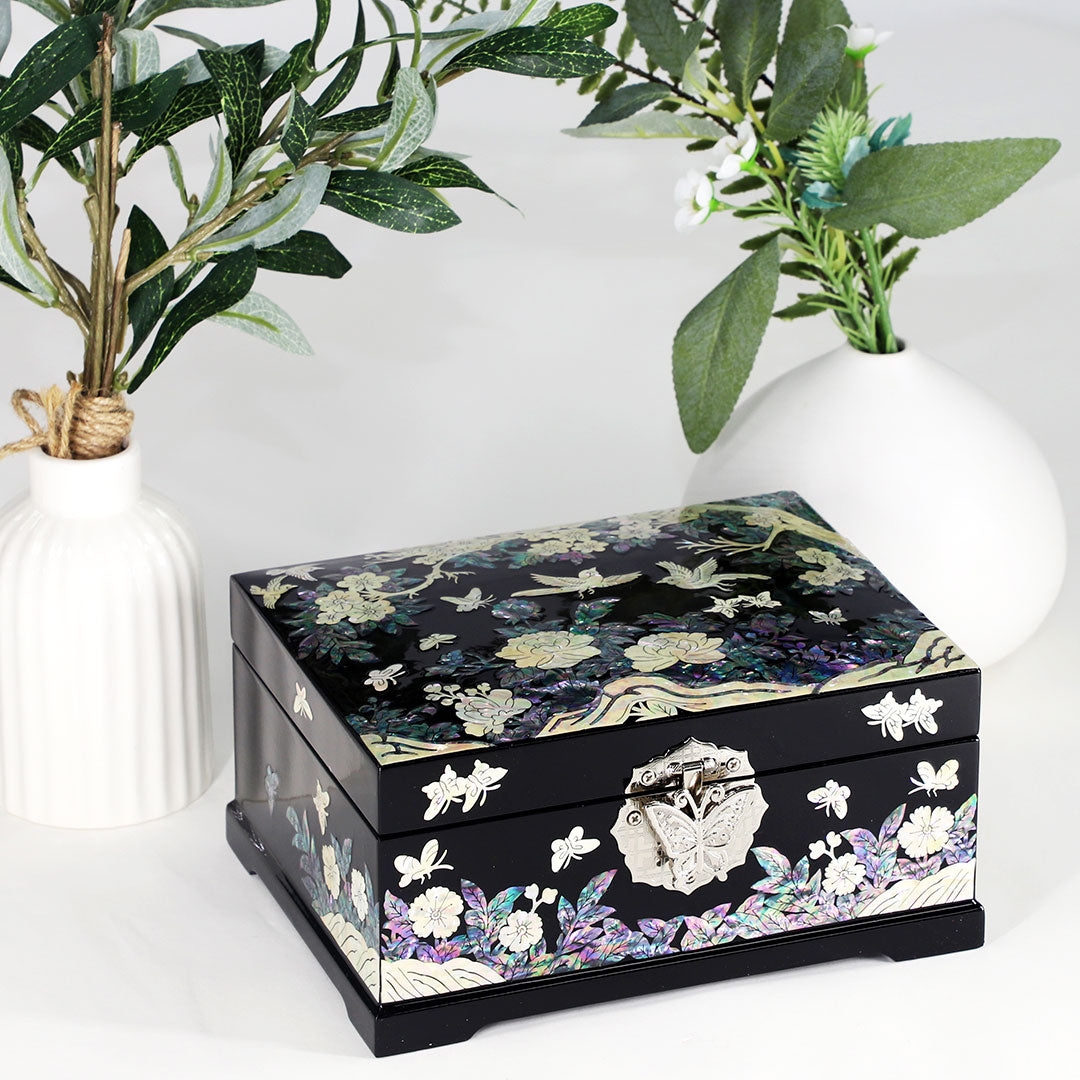 Butterfly & Birds Unique Mother of Pearl 2 Layer Jewelry Box with Mirror