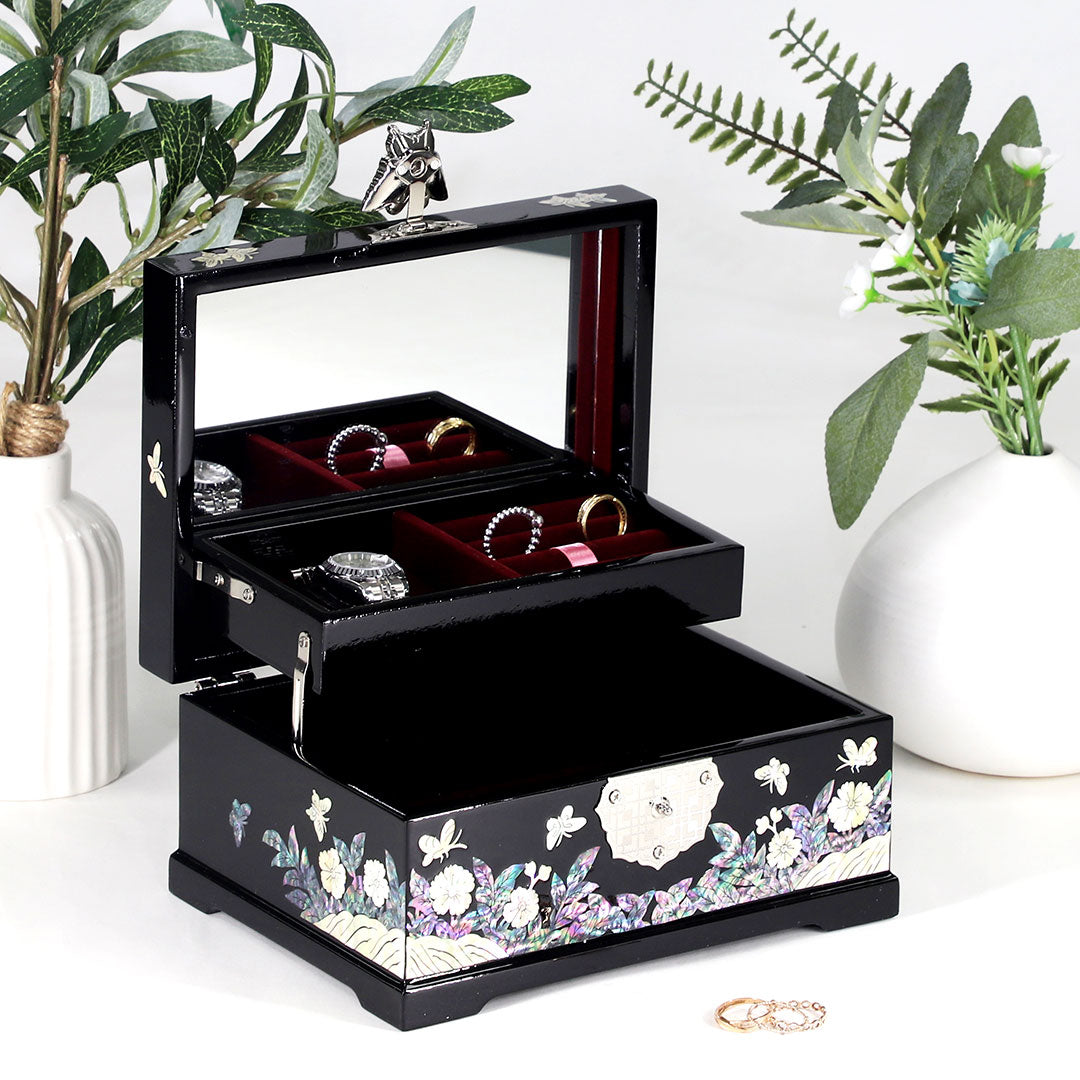 Butterfly & Birds Unique Mother of Pearl 2 Layer Jewelry Box with Mirror
