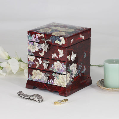 Korean Mother Of Pearl Jewelry Organizer with 2 drawers - Red