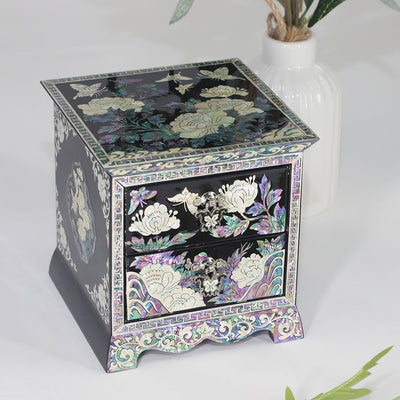 Korean Inlaid Mother of Pearl Handmade Oriental Storage 2 Drawer Peony Black