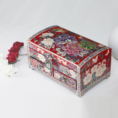 Mother of Pearl Wooden 2 Drawers Jewelry Box with Hinged Lid Red