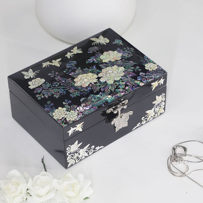 Peony Butterfly Inlaid Wooden Storage Hinged Lid Jewelry Box
