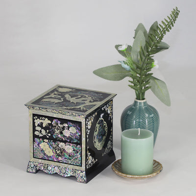 Korean Inlaid Mother of Pearl Handmade Oriental Storage 2 Drawer Crane Black