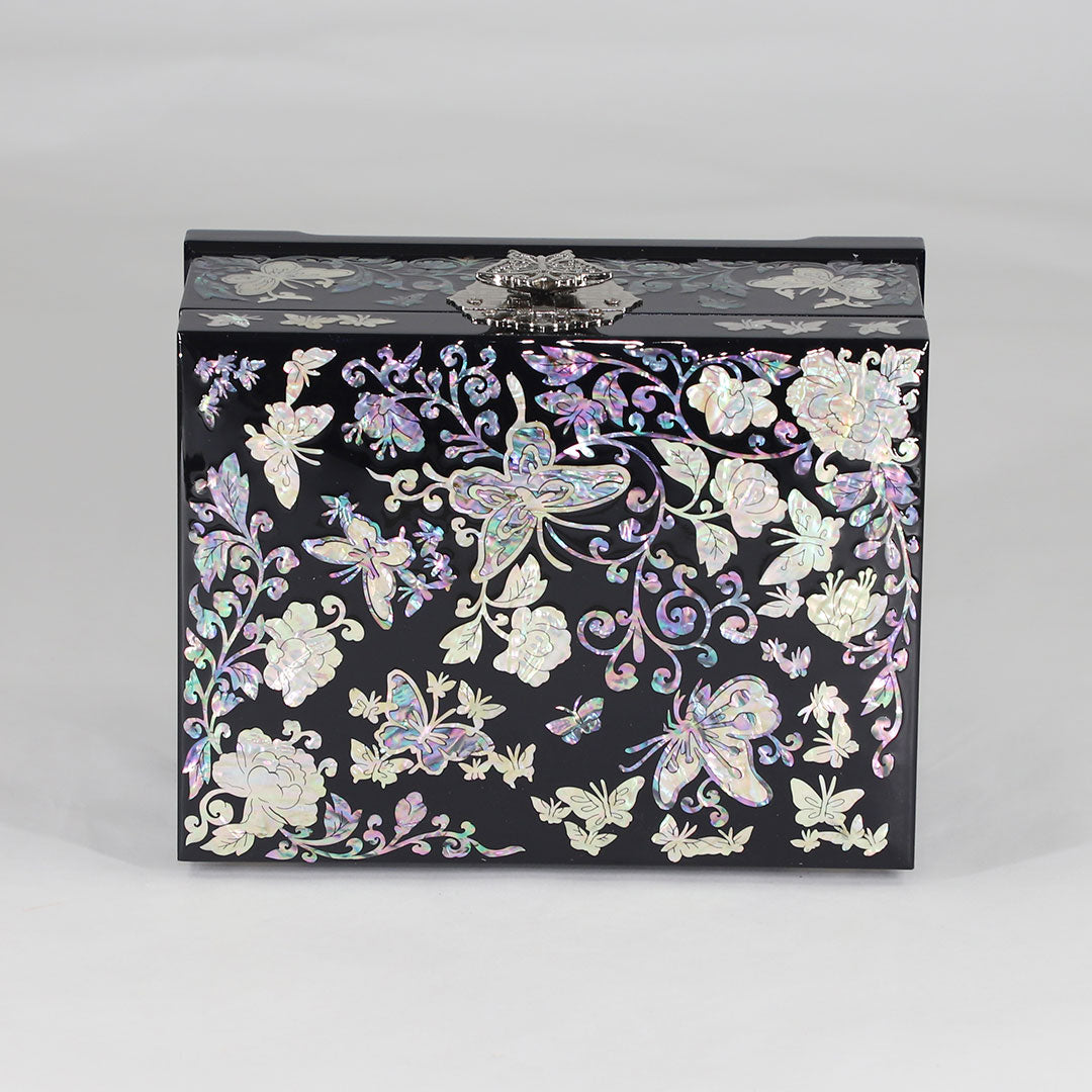 Butterfly & Peony Unique Mother of Pearl 2 Layer Jewelry Box with Mirror