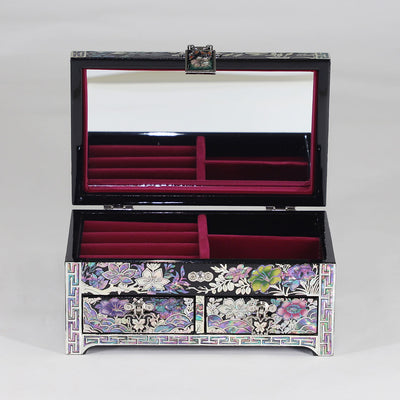 Mother of Pearl Wooden 2 Drawers Jewelry Box with Hinged Lid Black
