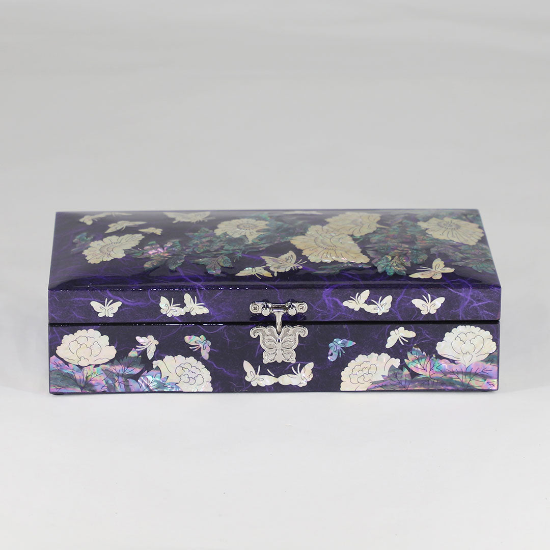 Mother of Pearl Peony Butterfly Letter Jewelry Box Purple