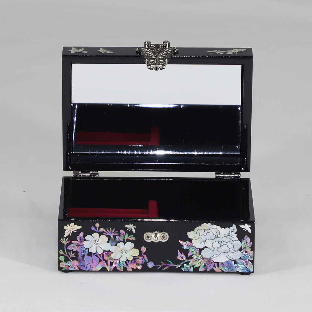 Peony Asian Mini Wooden Storage Jewelry Box With Mirror