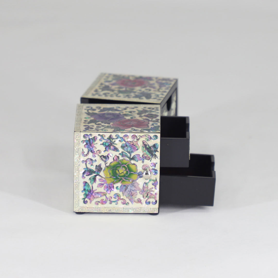Mother of Pearl Peony Cube Jewelry Box with 4 Drawers