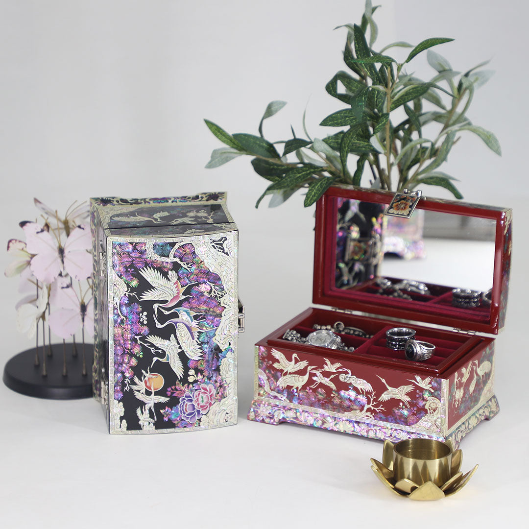 Mother of Pearl Oriental Chinoiserie Jewelry Box with Mirror 2 Colors