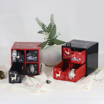 Korean Mother of pearl Wooden Jewelry Cube Box with drawers Red