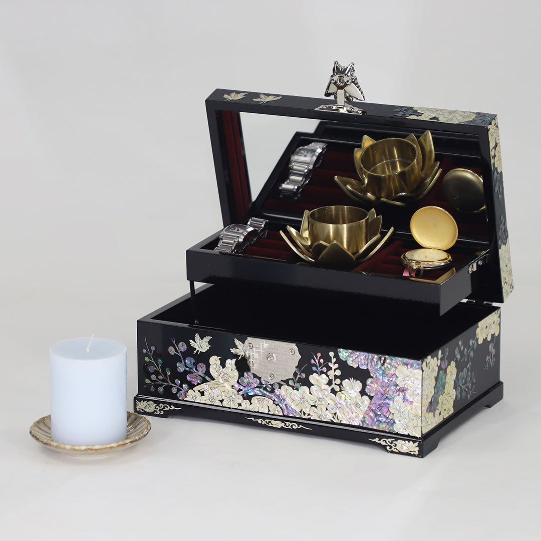 Mother of Pearl Modern Lacquer Jewelry Box With Mirror - Plum Blossom