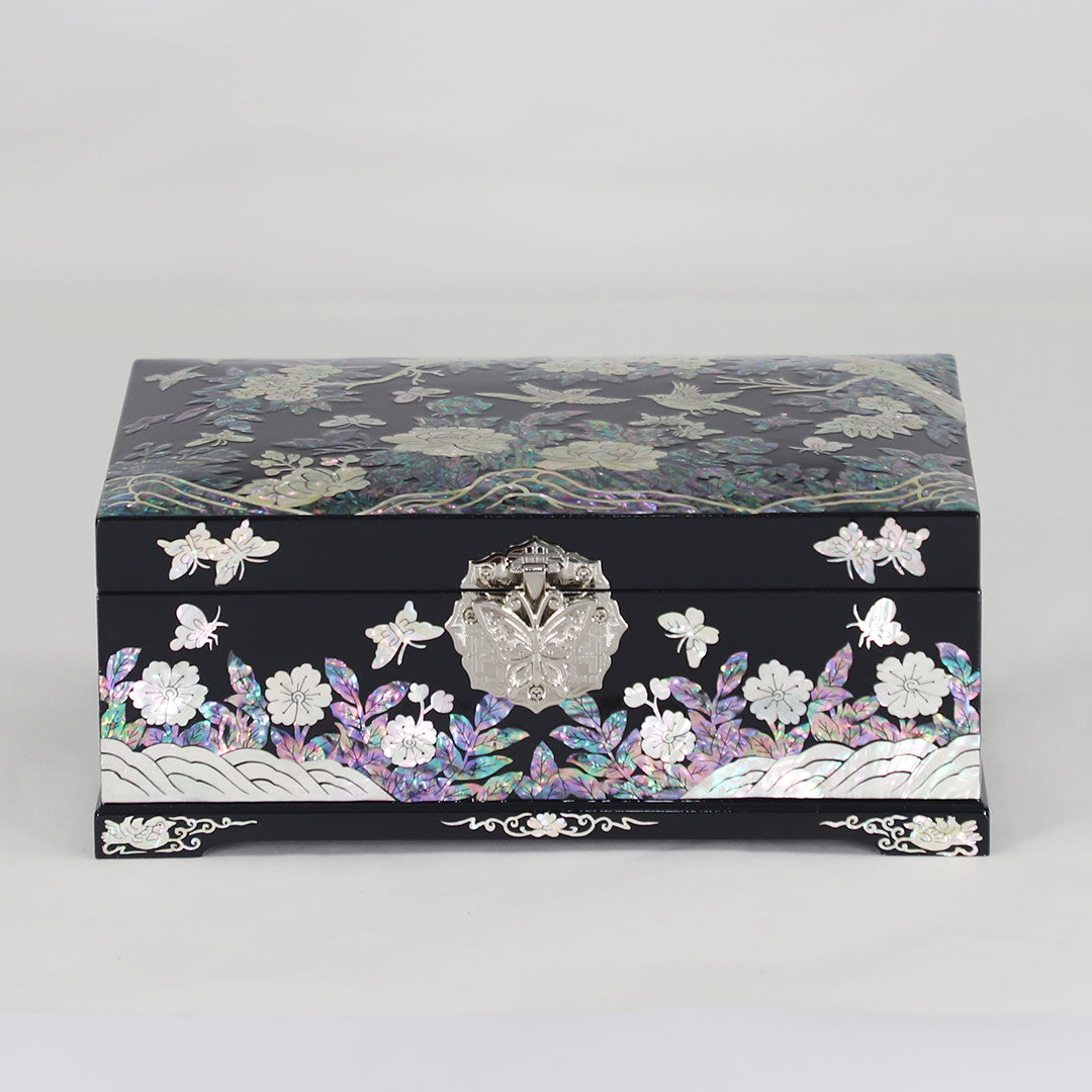 Mother of Pearl Modern Lacquer Jewelry Box With Mirror - Peony and Birds