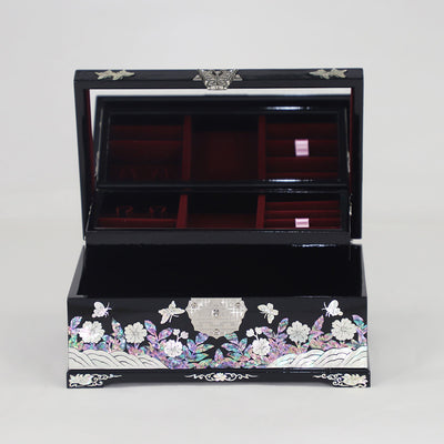 Mother of Pearl Modern Lacquer Jewelry Box With Mirror - Peony and Birds