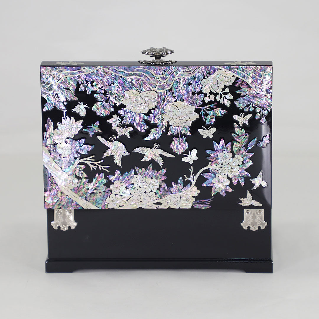 Mother of Pearl Modern Lacquer Jewelry Box With Mirror - Peony and Birds