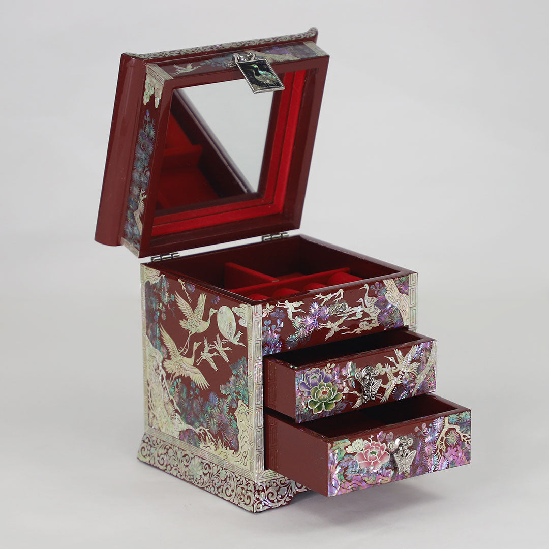 Korean Mother of Pearl Wooden Oriental 3 Drawers Crane Jewelry organizer - Black, Red