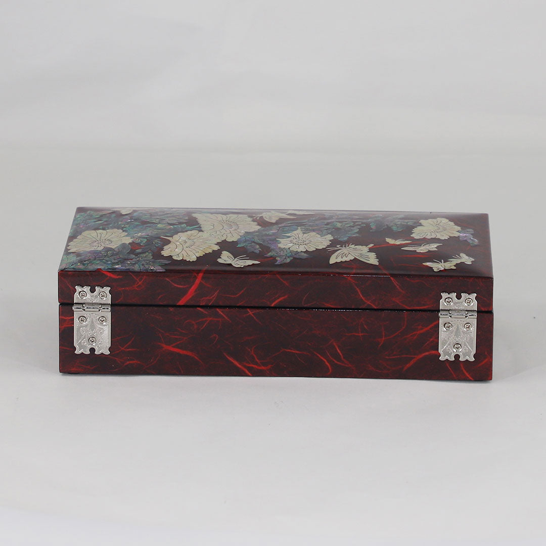 Mother of Pearl Peony Butterfly Letter Jewelry Box Red
