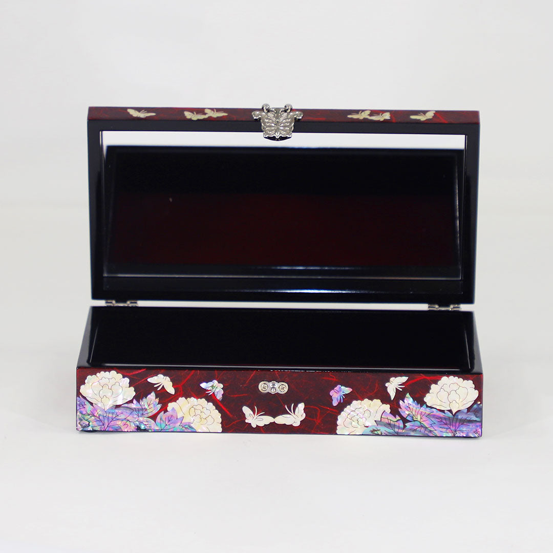 Mother of Pearl Peony Butterfly Letter Jewelry Box Red
