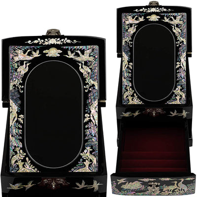 Mother Of Pearl Wooden Jewelry Organizer Box With Big Mirror