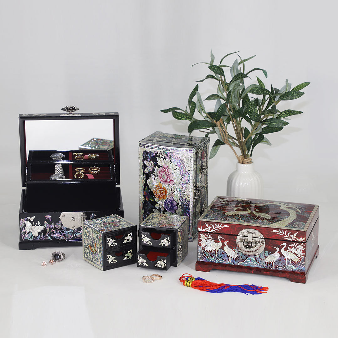 Butterfly & Peony Unique Mother of Pearl 2 Layer Jewelry Box with Mirror
