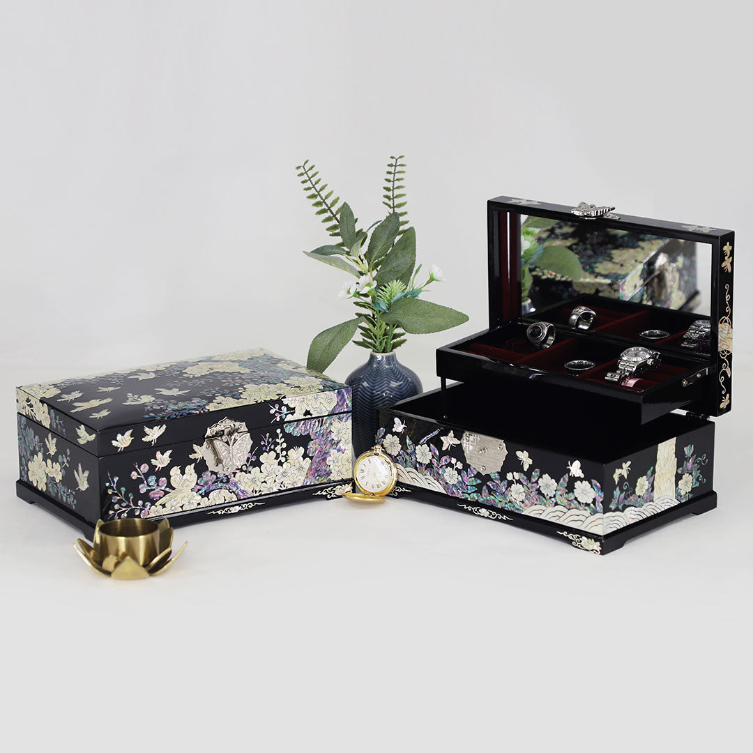 Mother of Pearl Modern Lacquer Jewelry Box With Mirror - Peony and Birds